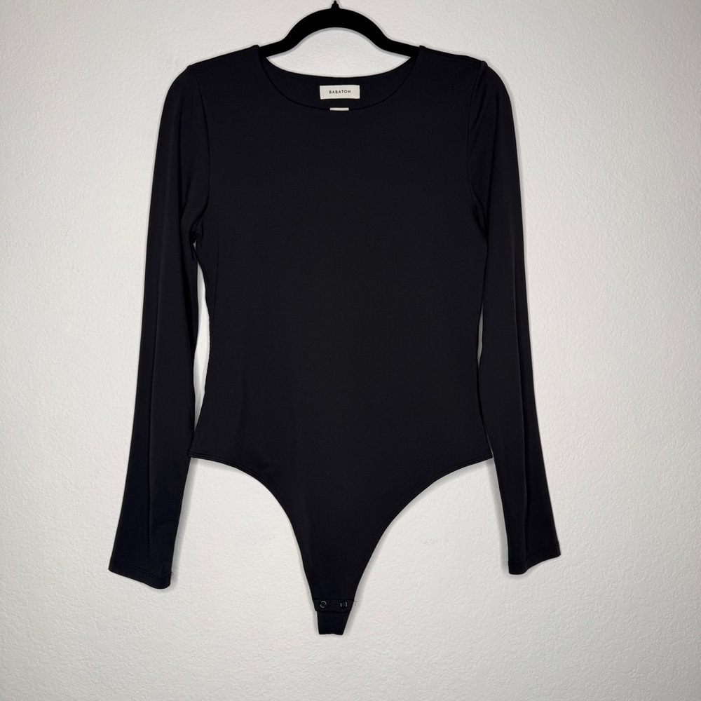 Babaton Black Long Sleeve Bodysuit Smooth Stretch Snap Closure Minimalist Size L